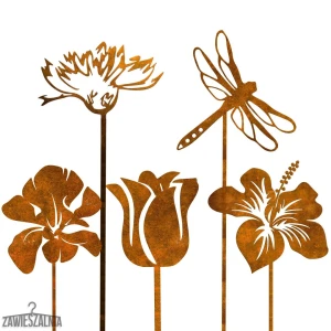 Gioielli da Giardino – set ruggine 5 decorazioni con libellula XXL in acciaio 99 cm