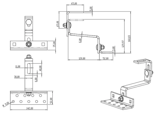 Gancio per tetto Vario Classe 5-6-5 - 3x regolabile Acciaio inox 1.4016 - 120 mm - Rinforzato PV-08-34 (1)