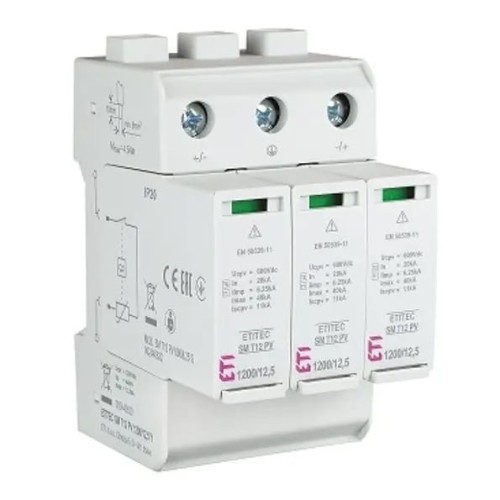 Scaricatore di sovratensione PV DC Tipo 1+2 (B+C) 1200V 3P 12,5kA 4,4kV ETITEC SM T12 PV 1200/12,5 Y 002440630 ETI GPV-401-50