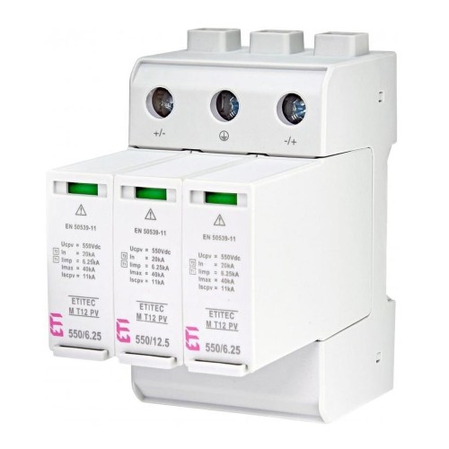 Protezione contro le sovratensioni PV DC tipo 1+2 (B+C) 1100V 3P 65kA 3.8kV ETITEC EM T12 PV 1100/6.25 Y 002440580 ETI GPV-401-64