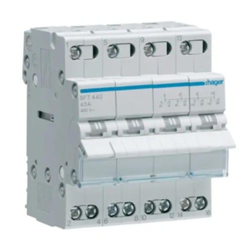 Interruttore modulare installativo I-0-II (1-0-2) punto comune dall'alto 4P 40A 400VAC SFT440 HAGER GPV-401-68