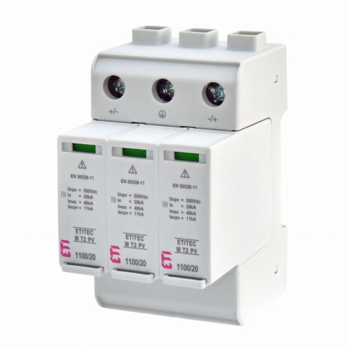 Scaricatore di sovratensione PV DC Tipo 2 (C) 1100V 3P 20kA 3,8kV ETITEC M T2 PV 1100/20 Y 002440515 ETI GPV-401-135