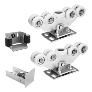 Kit carrelli per cancello scorrevole: 2× carrello (9 ruote, plastica) + accessori