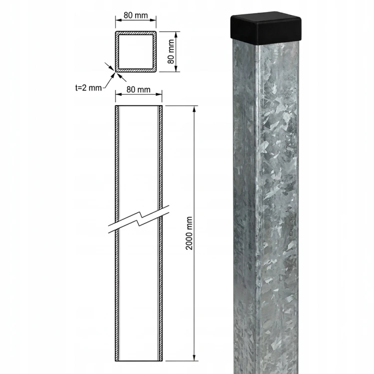 Paletto per recinzione 80x80x2 mm, lunghezza 2,4 m, zincato 000-489 (4)